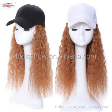 Hot sell synthetic hair and human hair black basketball hat Light brown wool roll hat wig  long curly wig